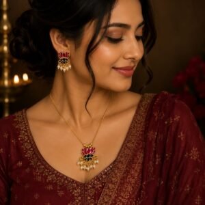 Traditional Lotus Pearl Drop Necklace Set